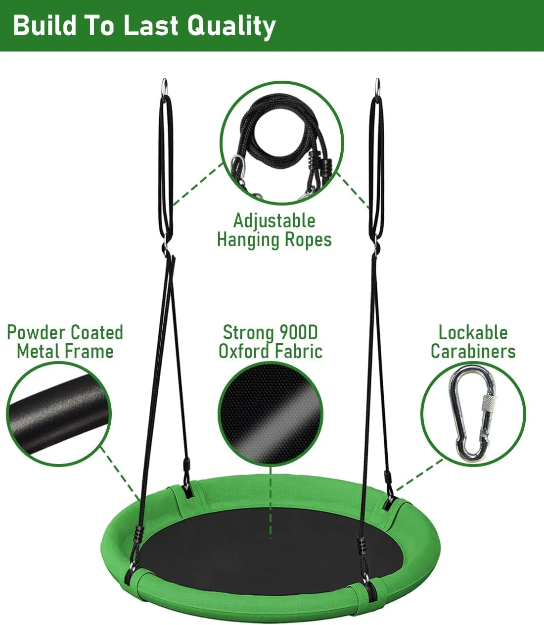 24 Inch Saucer Tree Swing Set for Kids & Adults, Adjustable Flying Swing Seat for Backyard or Outdoor Playground, Green & Black