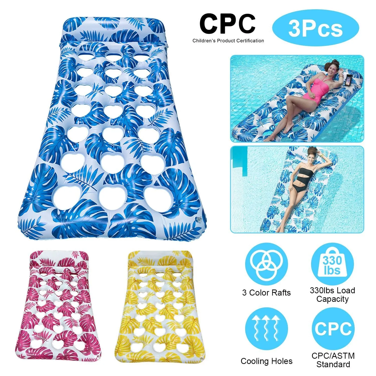 3-Pack: Inflatable Pool Float Raft Water Lounge 330lbs Load-Bearing Mattress with Headrest