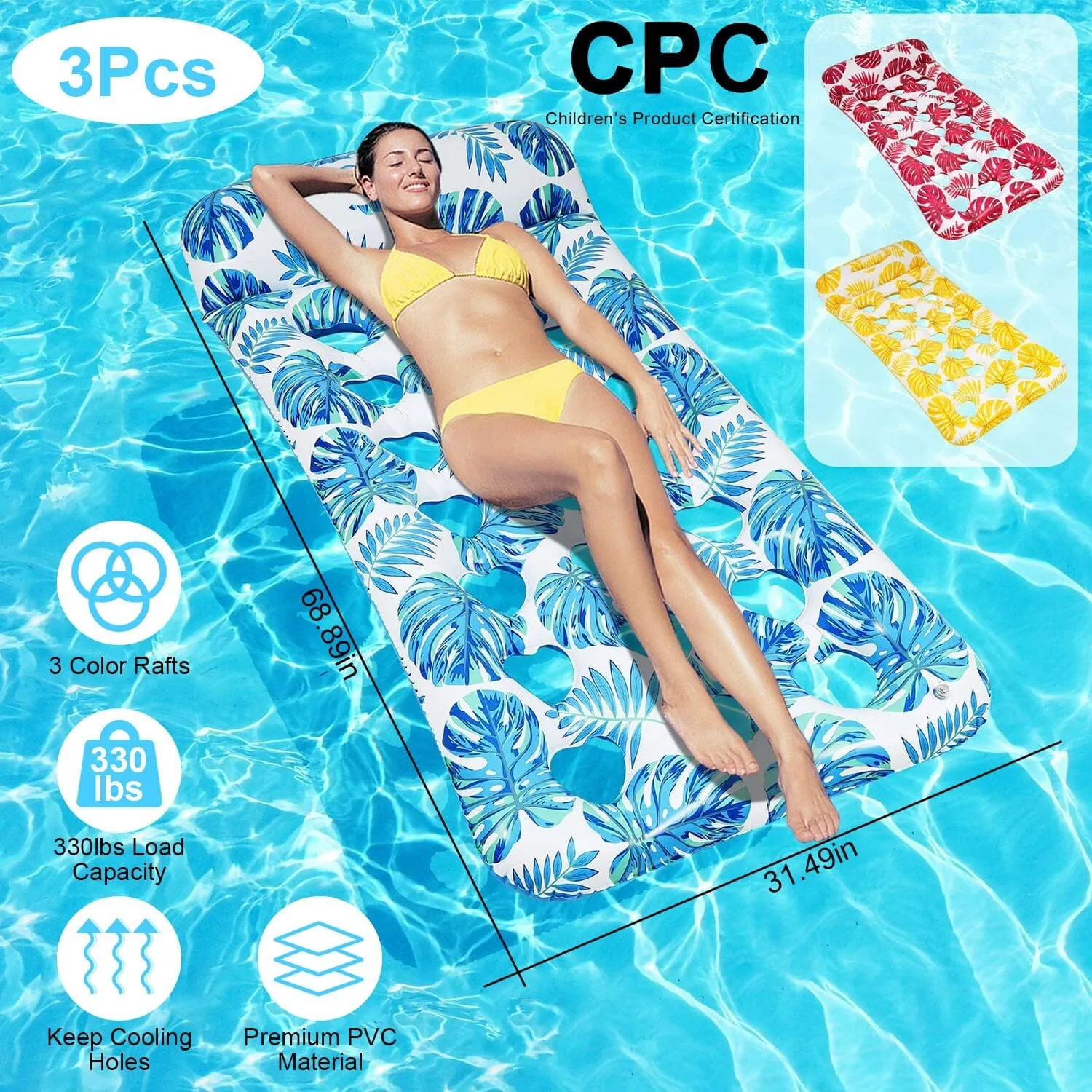 3-Pack: Inflatable Pool Float Raft Water Lounge 330lbs Load-Bearing Mattress with Headrest