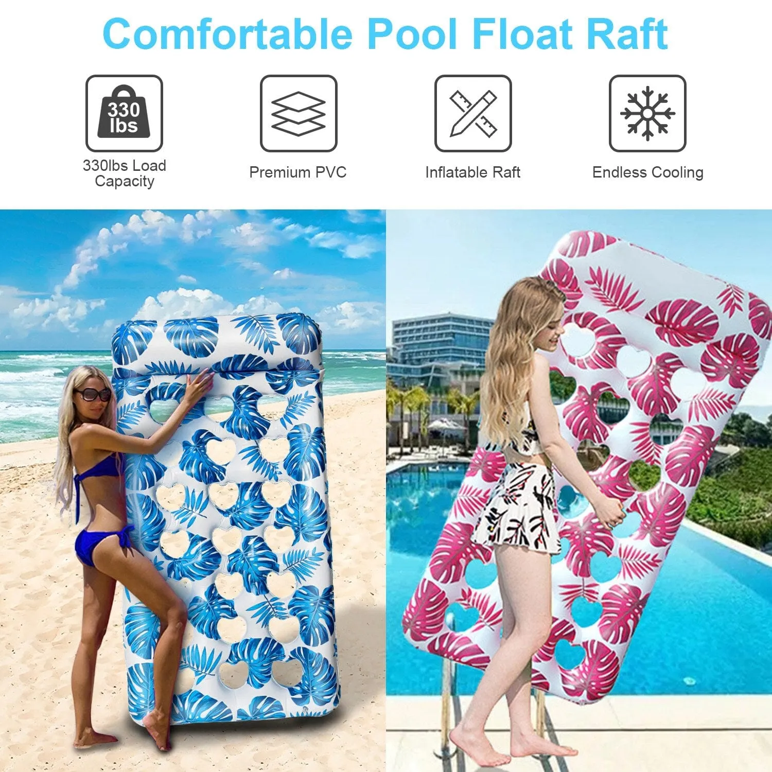 3-Pack: Inflatable Pool Float Raft Water Lounge 330lbs Load-Bearing Mattress with Headrest