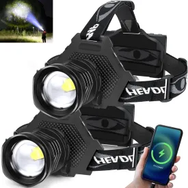 Aikertec Rechargeable LED Headlamp 5000 Lumen, Super Bright Head Lamp Flashlight with 5 Lighting Modes, IPX6 Waterproof, Zoomable Headlight for Camping, Hiking, Fishing, Biking, Running (2 Pack)