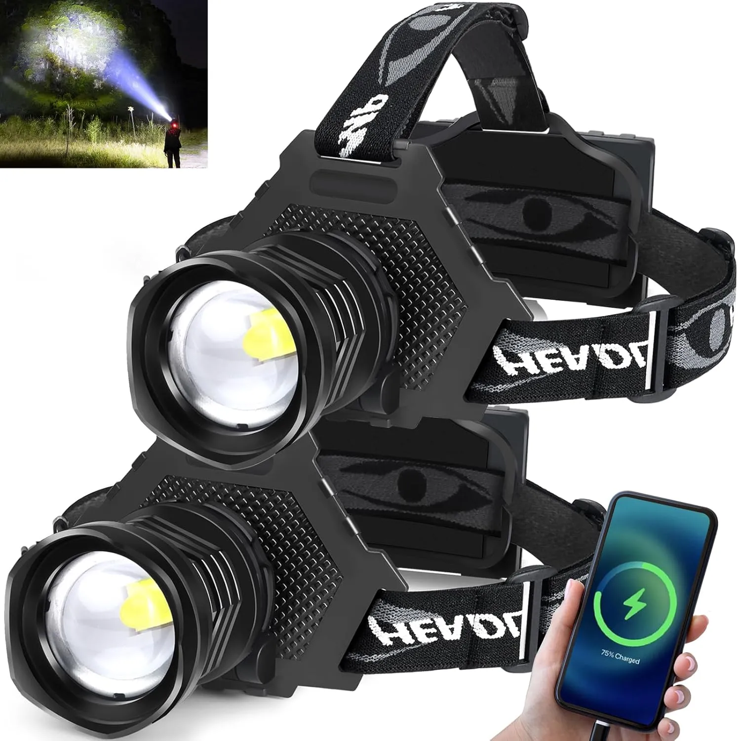 Aikertec Rechargeable LED Headlamp 5000 Lumen, Super Bright Head Lamp Flashlight with 5 Lighting Modes, IPX6 Waterproof, Zoomable Headlight for Camping, Hiking, Fishing, Biking, Running (2 Pack)
