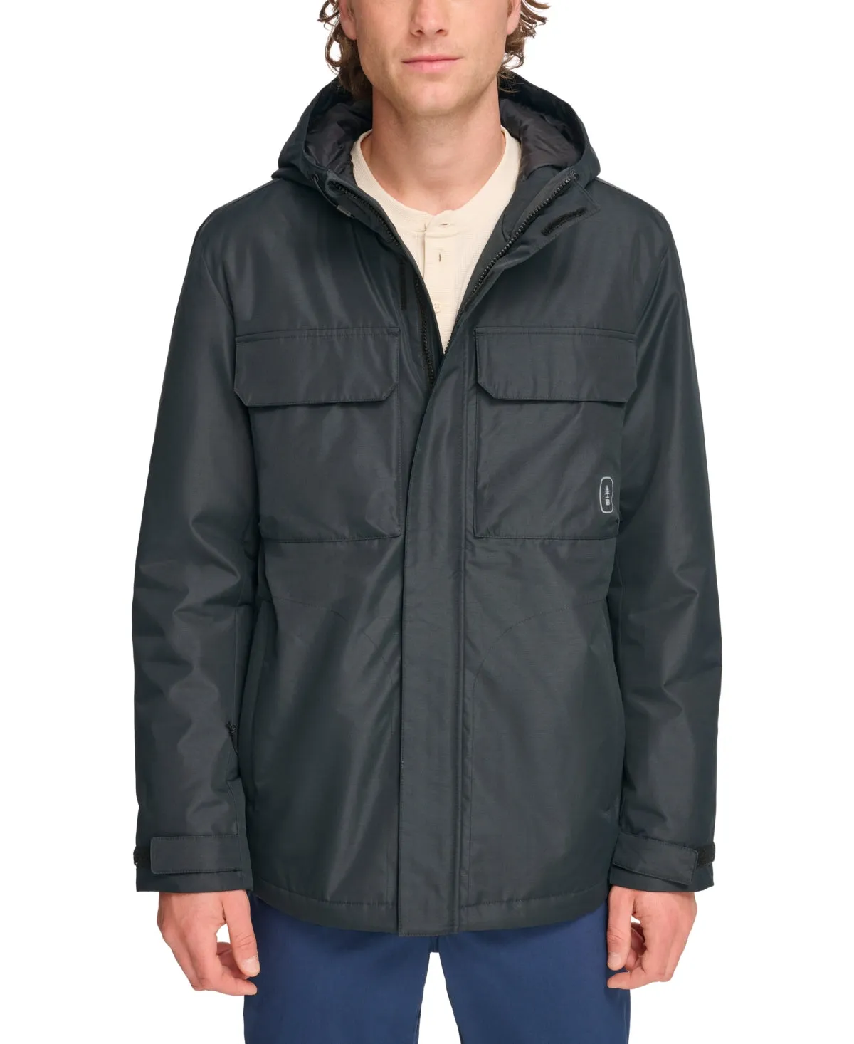 BASS OUTDOOR Mens Hooded Windbreaker Coat Pocket Jacket Black Medium