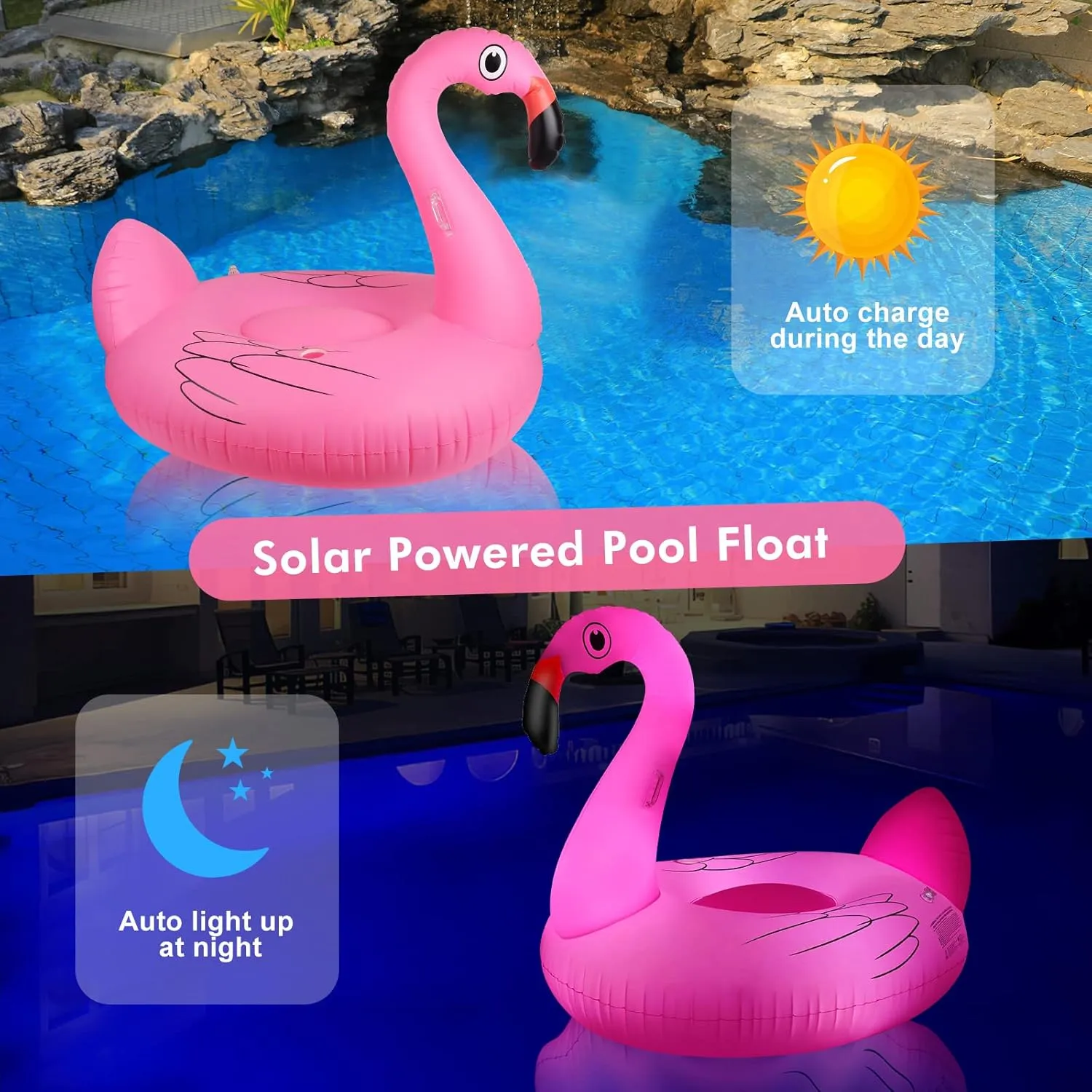 Big Swan Pool Floats Solar Powered Flamingo Pool Floats Adult w/LED Color Changing Lights, 69'' Large Inflatable Pool Floaties w/Cup Holder, Turtle Lake Float Lounger
