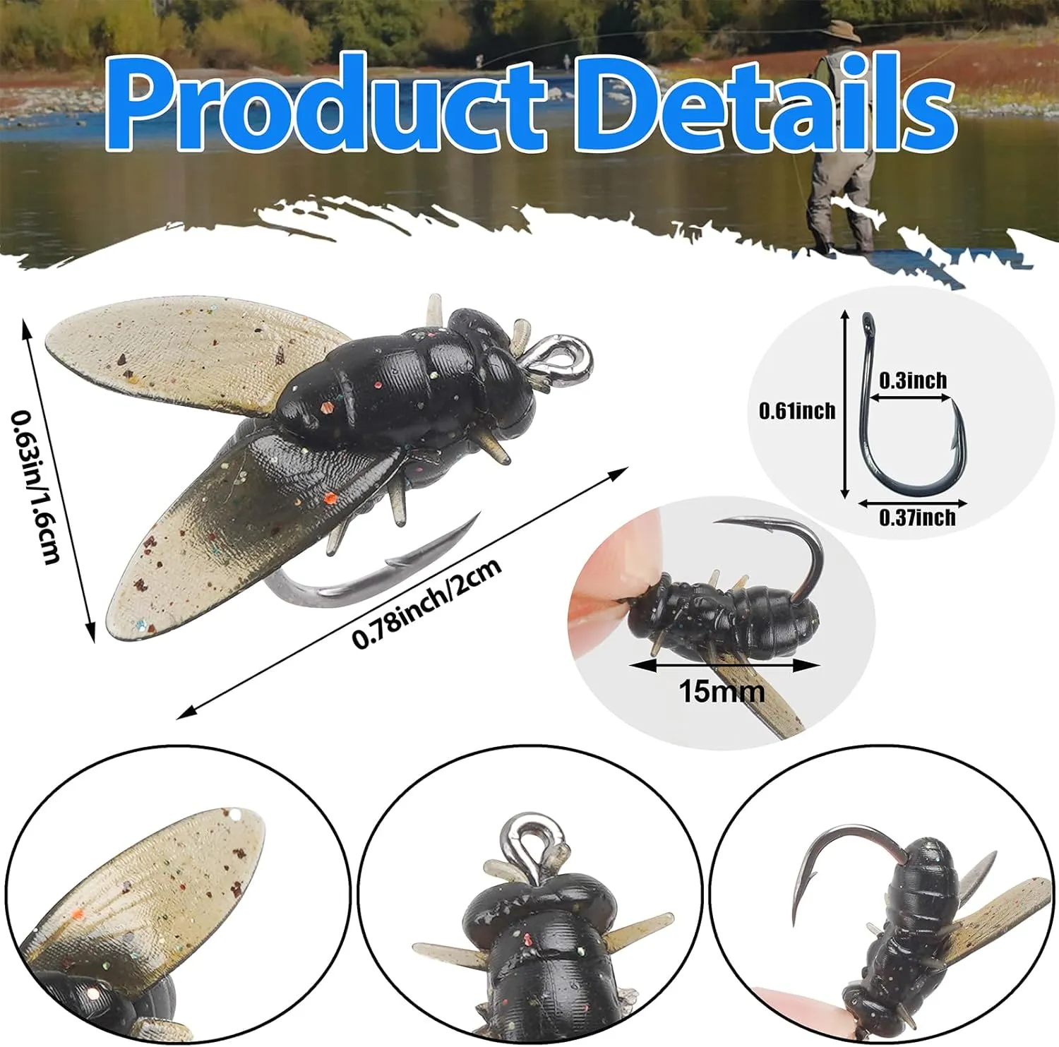 Bionic Fly Fishing Bait, Flies Fishing Lures Kit Trout Jigs Swimbaits Dry Flies Fly Fishing Lures Fish Attractant Fly Fishing Hook for Saltwater Freshwater Bass Panfish 15mm