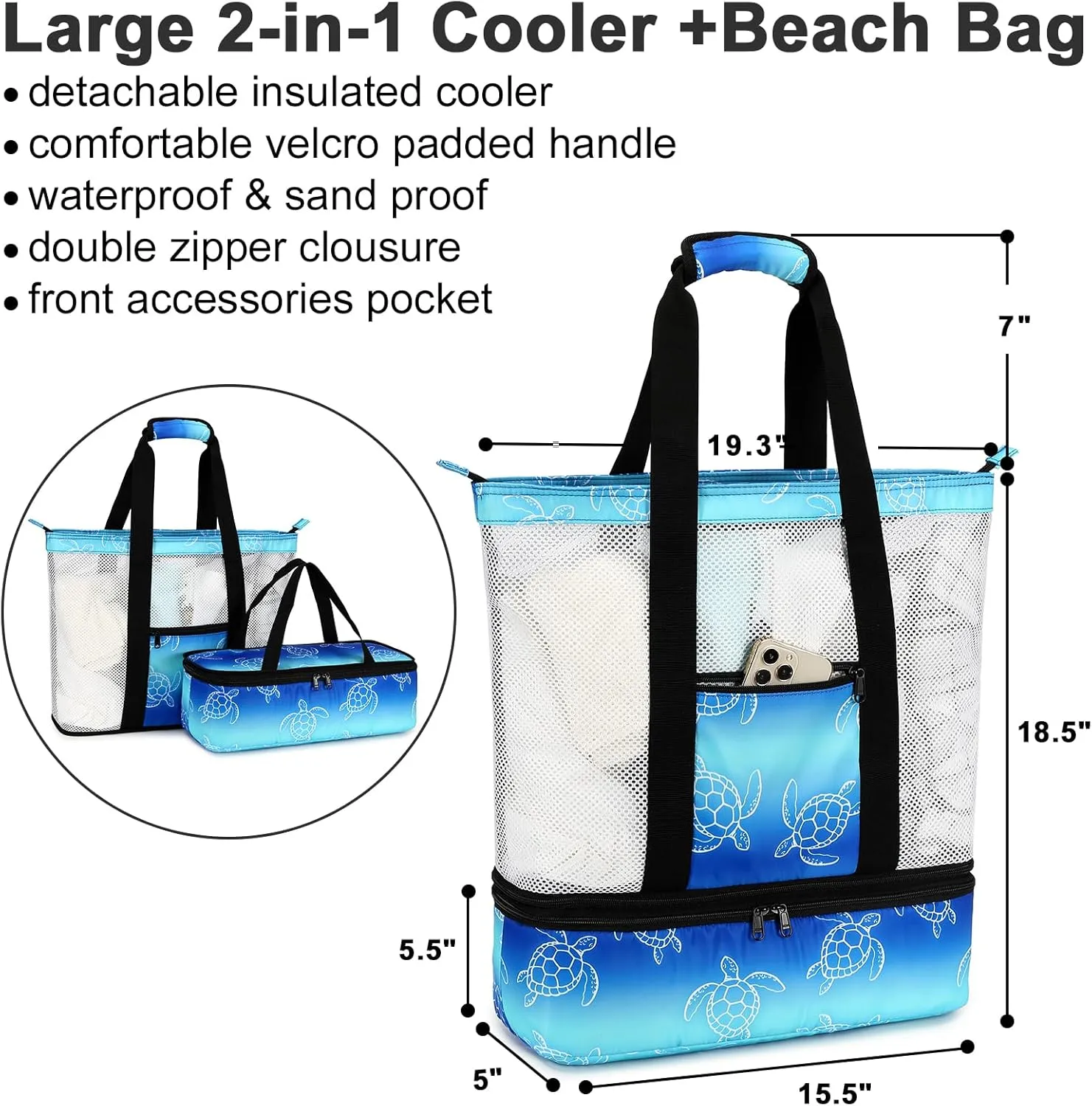 Bluboon Mesh Beach Tote Bag with Cooler Compartment Insulated Detachable Picnic Bag with Zipper and Pocket Pool Bag for Women