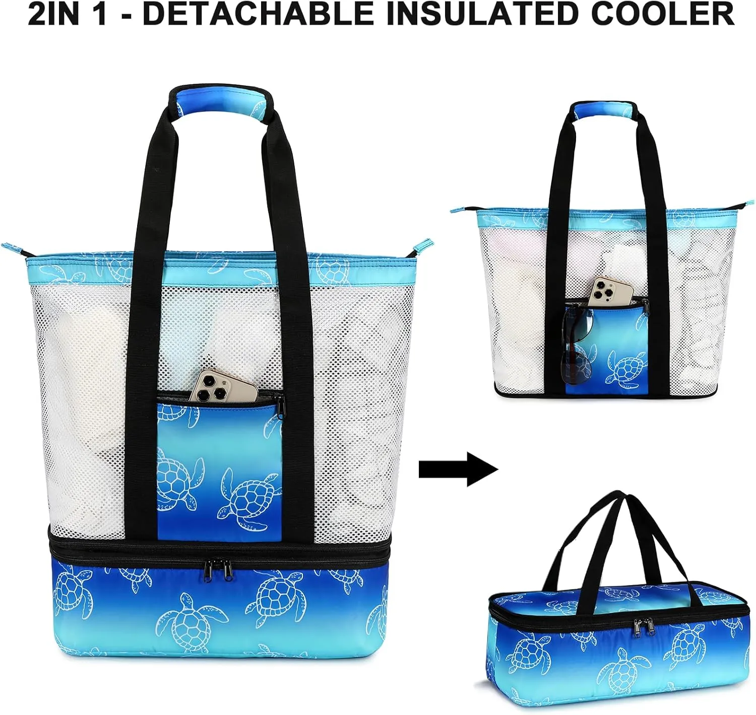Bluboon Mesh Beach Tote Bag with Cooler Compartment Insulated Detachable Picnic Bag with Zipper and Pocket Pool Bag for Women