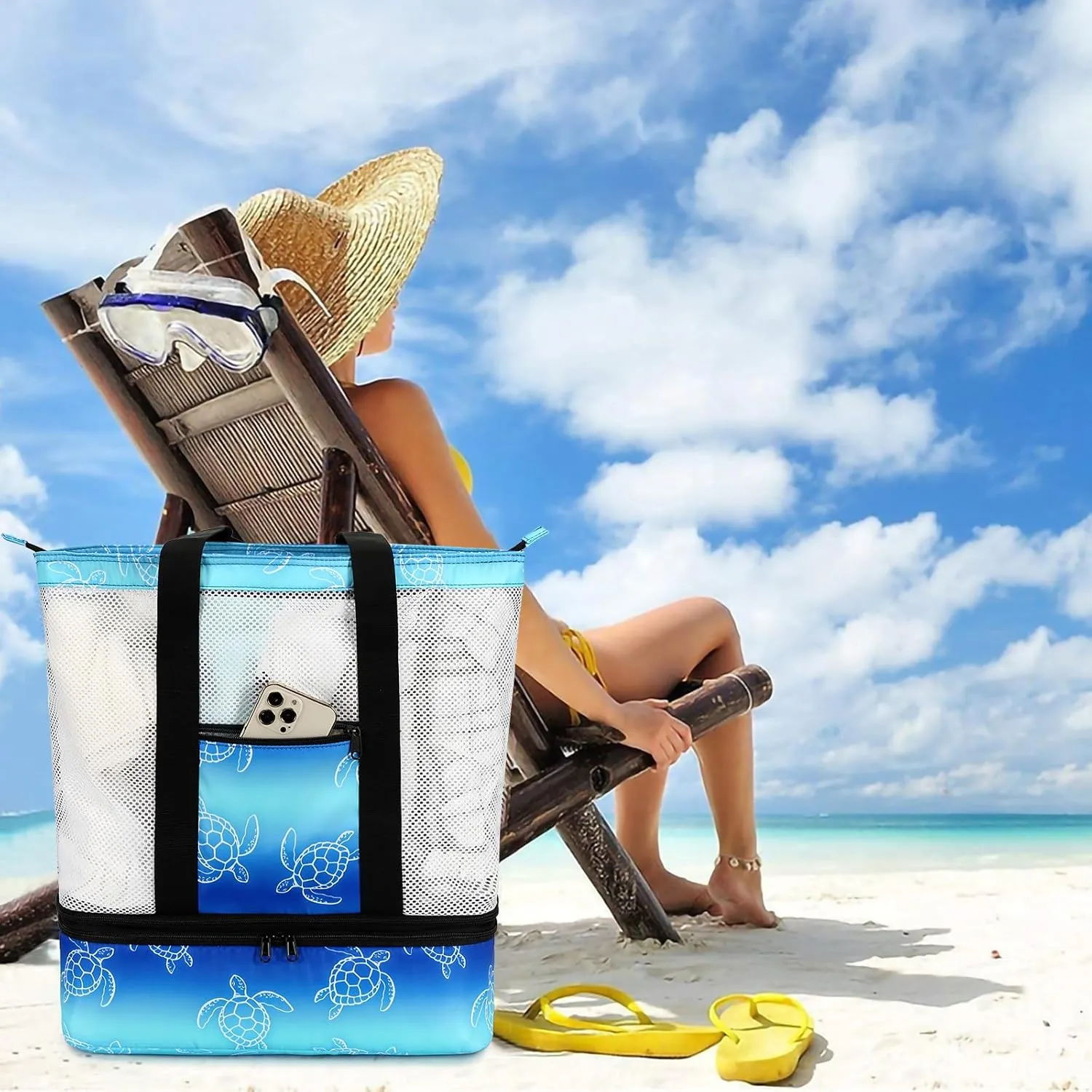 Bluboon Mesh Beach Tote Bag with Cooler Compartment Insulated Detachable Picnic Bag with Zipper and Pocket Pool Bag for Women