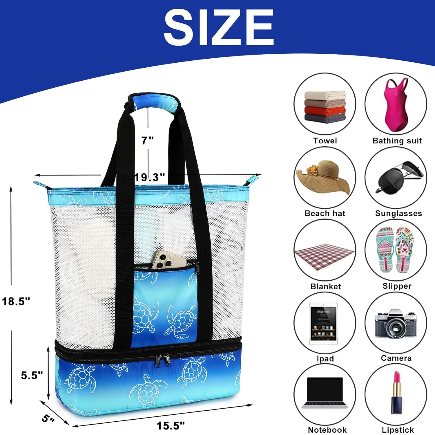 Bluboon Mesh Beach Tote Bag with Cooler Compartment Insulated Detachable Picnic Bag with Zipper and Pocket Pool Bag for Women