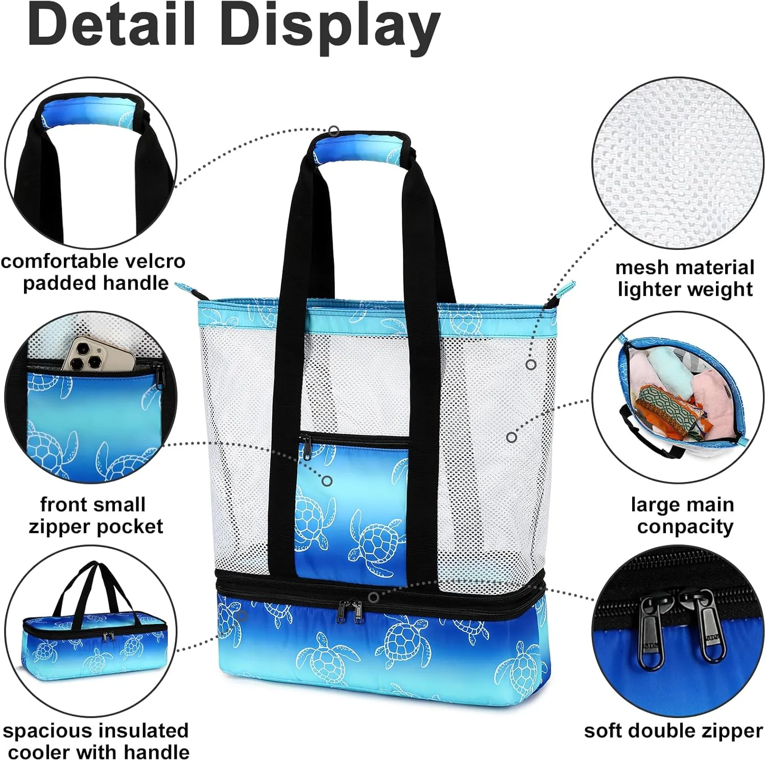 Bluboon Mesh Beach Tote Bag with Cooler Compartment Insulated Detachable Picnic Bag with Zipper and Pocket Pool Bag for Women
