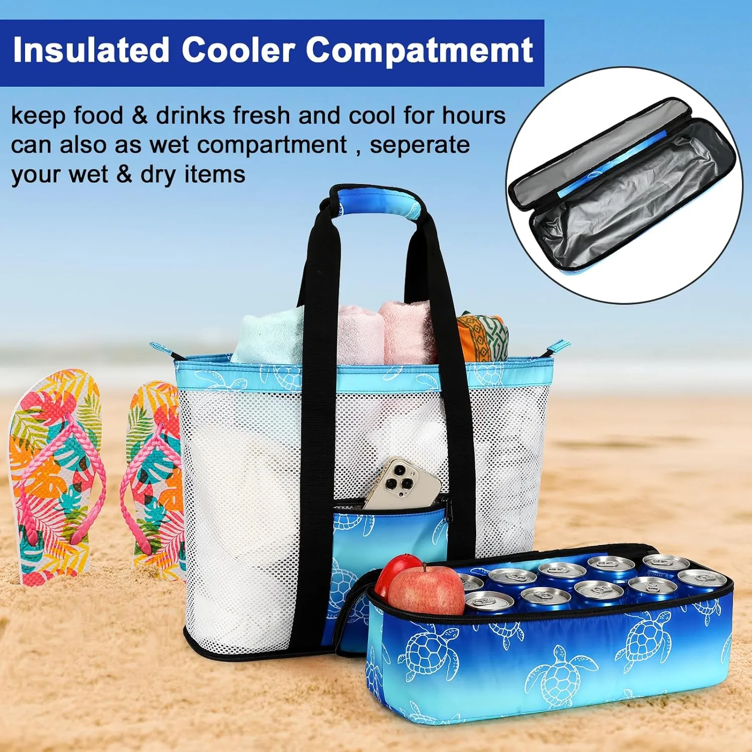 Bluboon Mesh Beach Tote Bag with Cooler Compartment Insulated Detachable Picnic Bag with Zipper and Pocket Pool Bag for Women