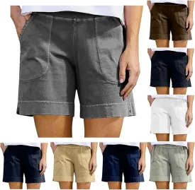 Cotton Shorts for Women Casual 7 Inch Inseam Shorts Summer Elastic Waist Short Vacation Beach Outfits with Pockets