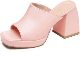 Coutgo Womens Chunky Platform Mules Sandals Slip On Block Heels Square Toe High Heeled Dress Shoes