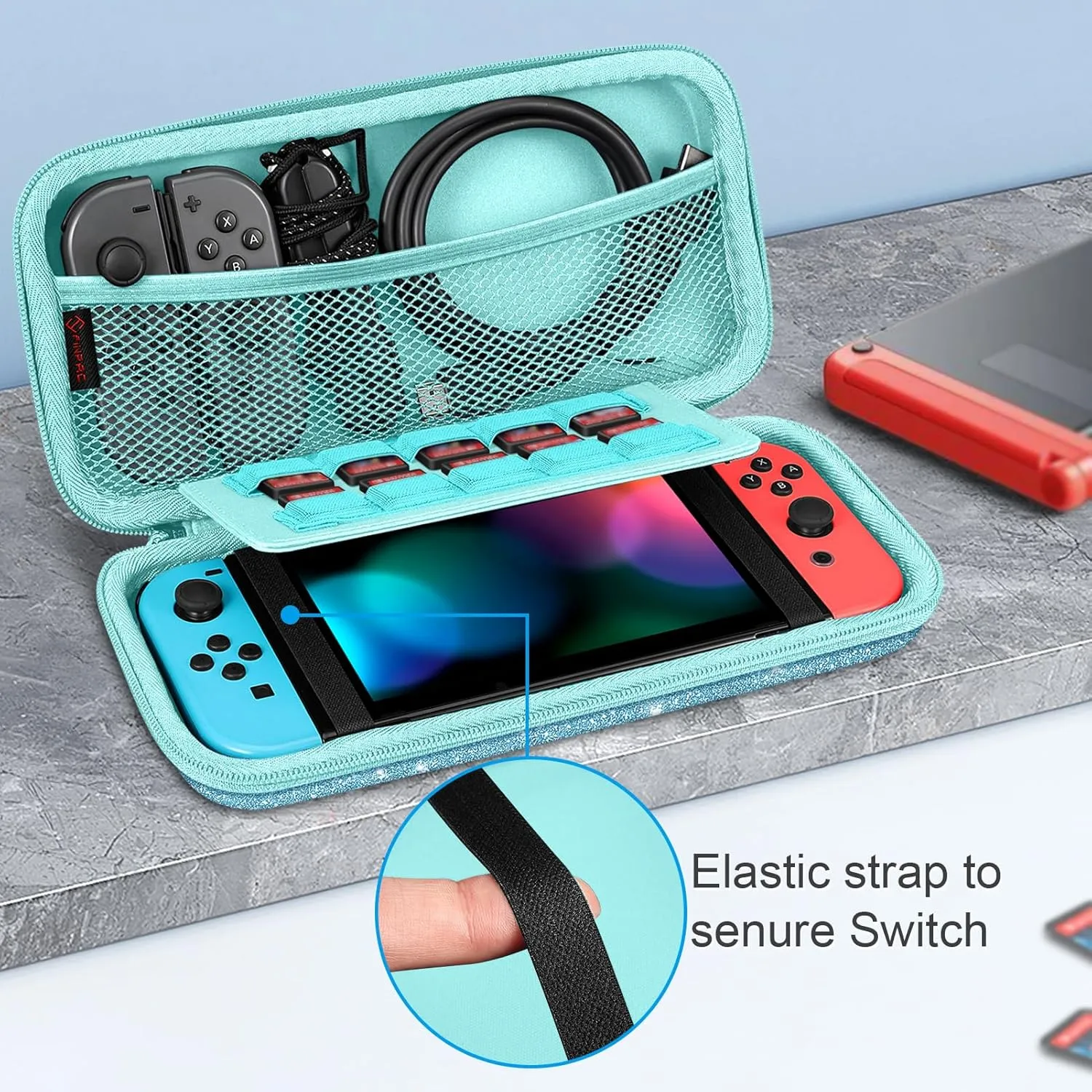 FINTIE Carrying Case for Nintendo Switch OLED Model 7.0"/Switch 6.2", Portable Traveler Protective Cover Storage Bag with 10 Game Card Slots & Inner Pocket, Glittering Blue