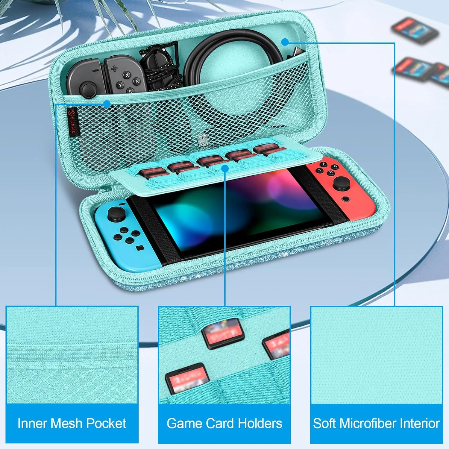 FINTIE Carrying Case for Nintendo Switch OLED Model 7.0"/Switch 6.2", Portable Traveler Protective Cover Storage Bag with 10 Game Card Slots & Inner Pocket, Glittering Blue