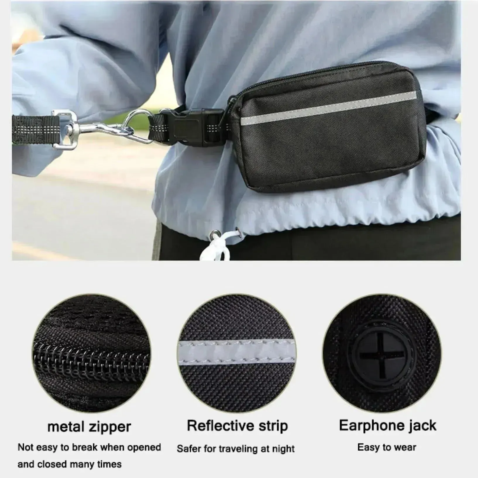Hands-Free Dog Leash with Zipper Pouch, Dual Handles, and Bungee