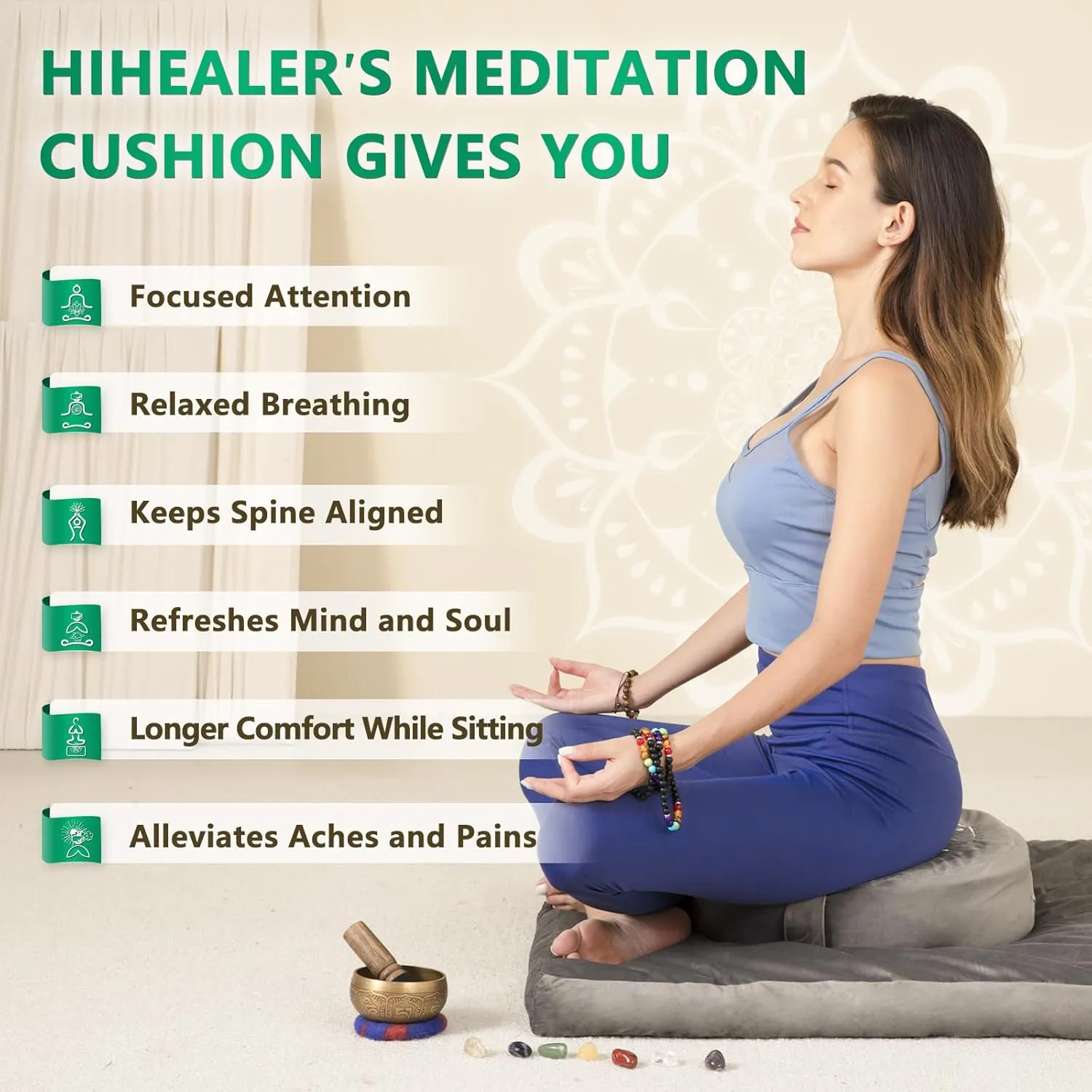 Hihealer Meditation Cushion, Traditional Tibetan Meditation Pillow Velvet Cover - Large Floor Cushion Seating for Adults - Yoga Buckwheat Bolster for WomenMoms