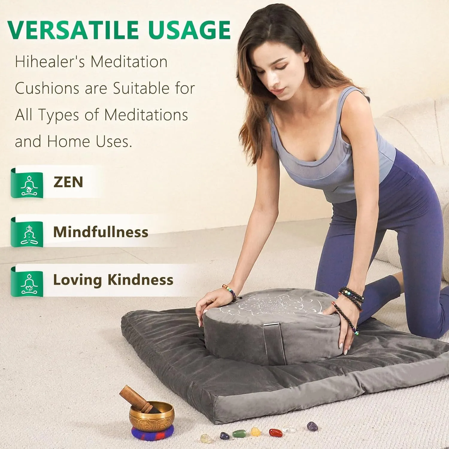 Hihealer Meditation Cushion, Traditional Tibetan Meditation Pillow Velvet Cover - Large Floor Cushion Seating for Adults - Yoga Buckwheat Bolster for WomenMoms