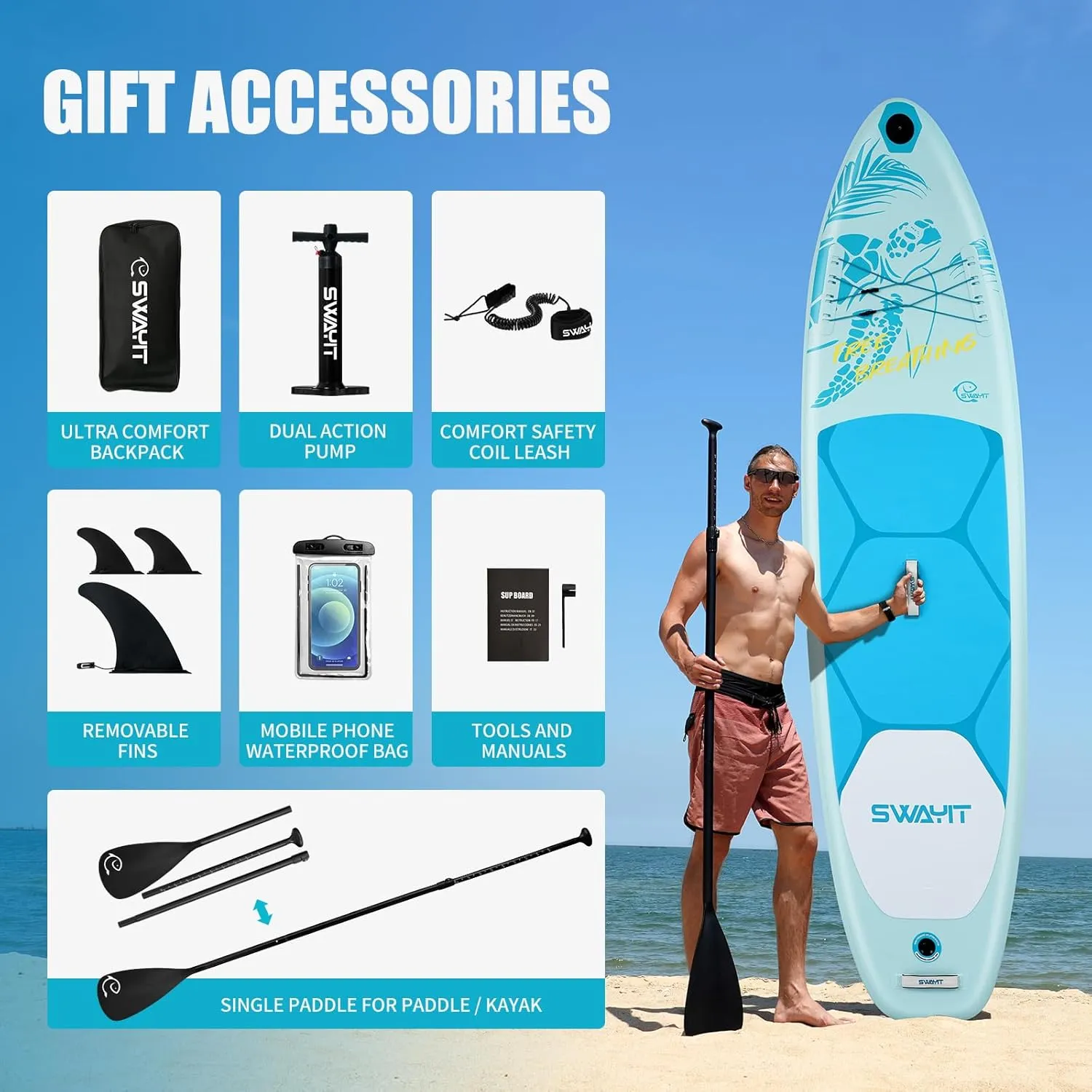 Inflatable Stand Up Paddle Board  Durable SUP with Adjustable Paddle,Dual Action Pump, Carry Bag, Ankle Leash, Non-Slip EVA Deck  All Skill Levels