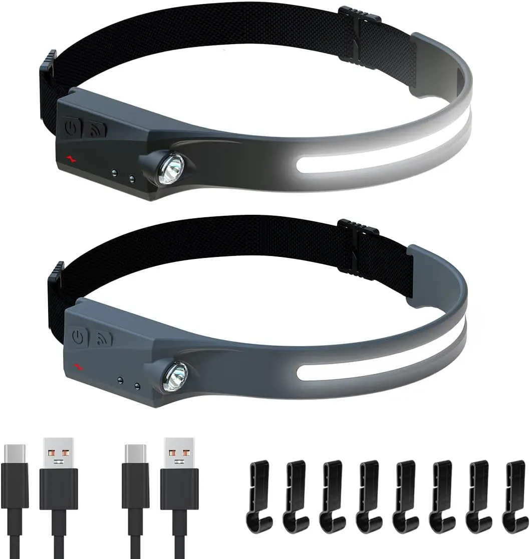LED Headlamps,Rechargeable headlamp,All Viewing Angles,Induction,350 lumens,Hook with Hard hat,Running,Camping,Suitable for Adults and Children(2PC)