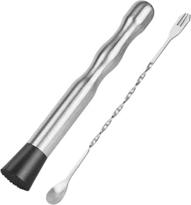 Muddler for Cocktails Bar Spoon - Vaincre 2PCS 9" Muddler and 10 Mixing Spoon Cocktail Mixing Stirrer, Stainless Steel Bar Accessories Tools Long Drink Stirrer Bartender Gifts for Mojitos Drinks