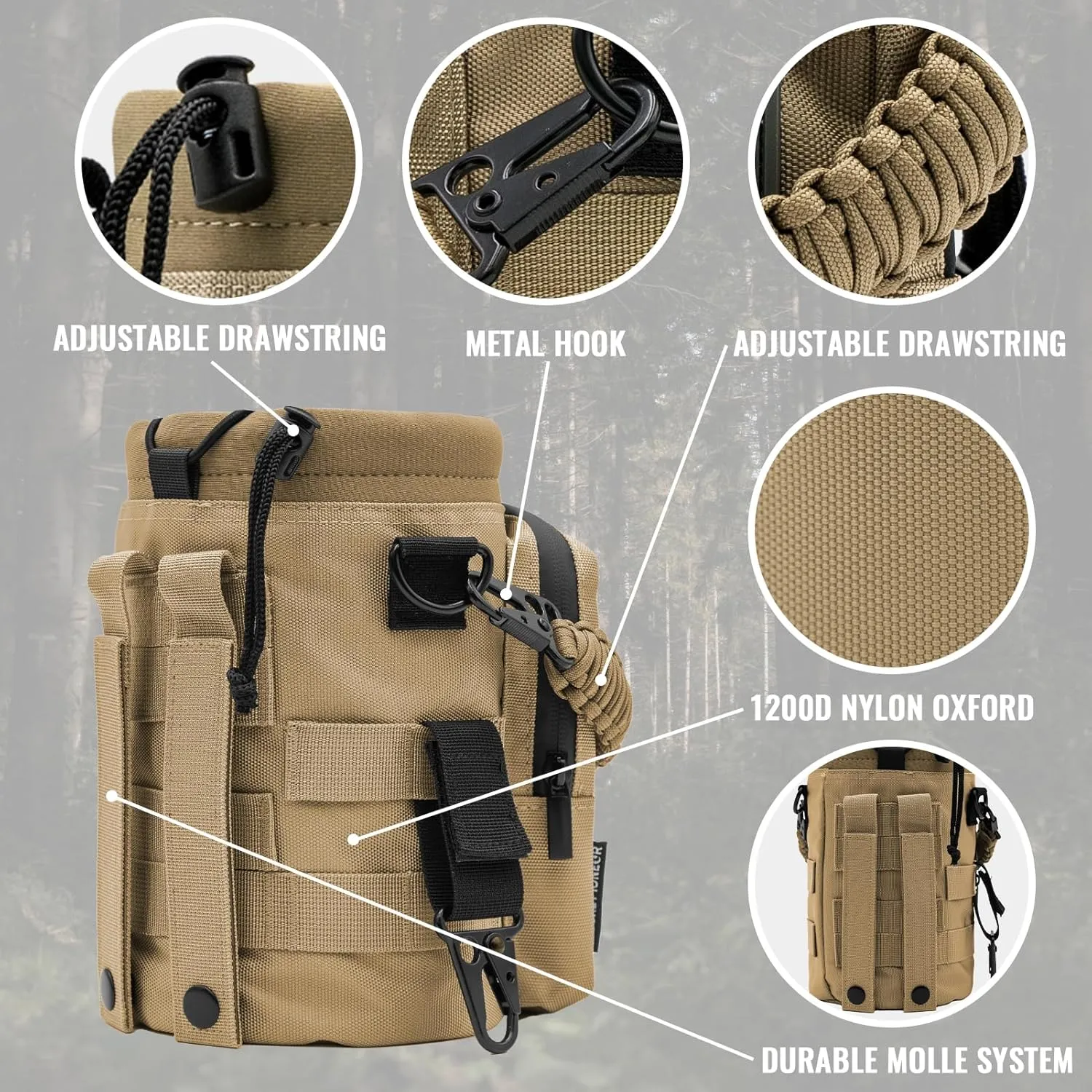 NATURE PIONEOR 32 64 128oz Tactical Water Bottle Pouch, Multi-Function Tactical Water Bottle Bag with Adjustable Shoulder Strap, Half/One Gallon Molle Strap Carrier Holder