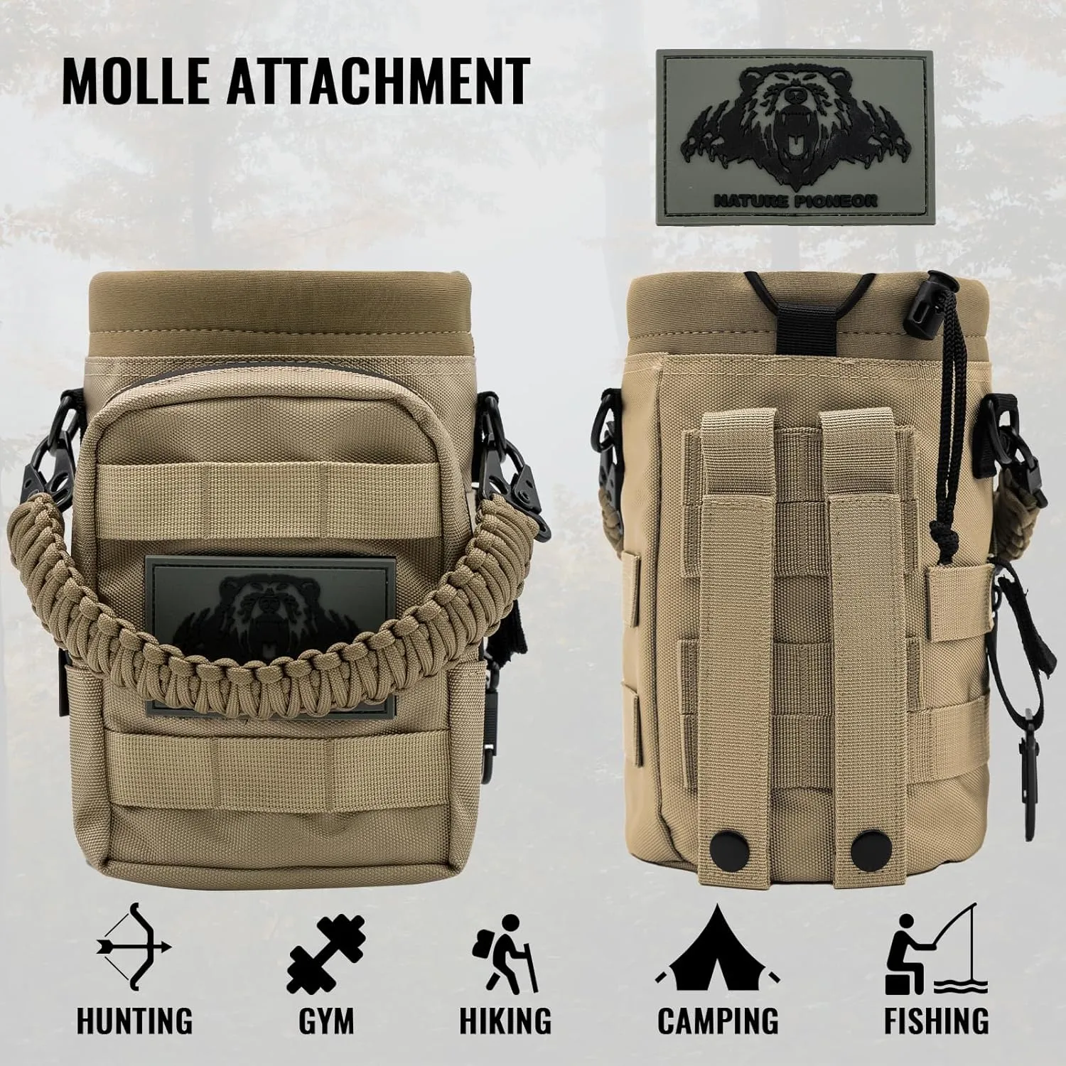 NATURE PIONEOR 32 64 128oz Tactical Water Bottle Pouch, Multi-Function Tactical Water Bottle Bag with Adjustable Shoulder Strap, Half/One Gallon Molle Strap Carrier Holder