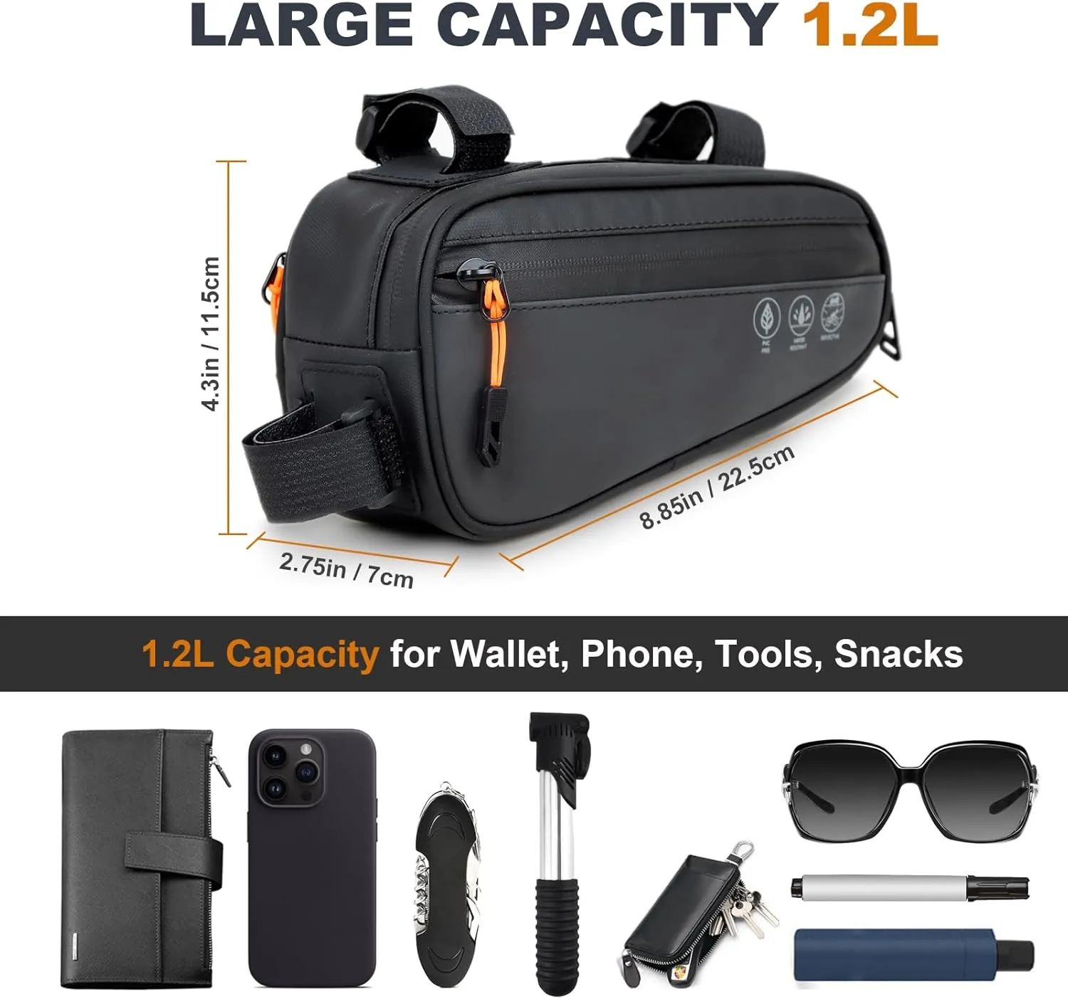NDakter Bike Triangle Frame Bag, Bicycle Storage Pouch with 2 Side Pockets, 3-in-1 Top Tube Bags for Phone, Waterproof Cycling Tool Accessories Pack for MTB Mountain Road Bikes1.2L
