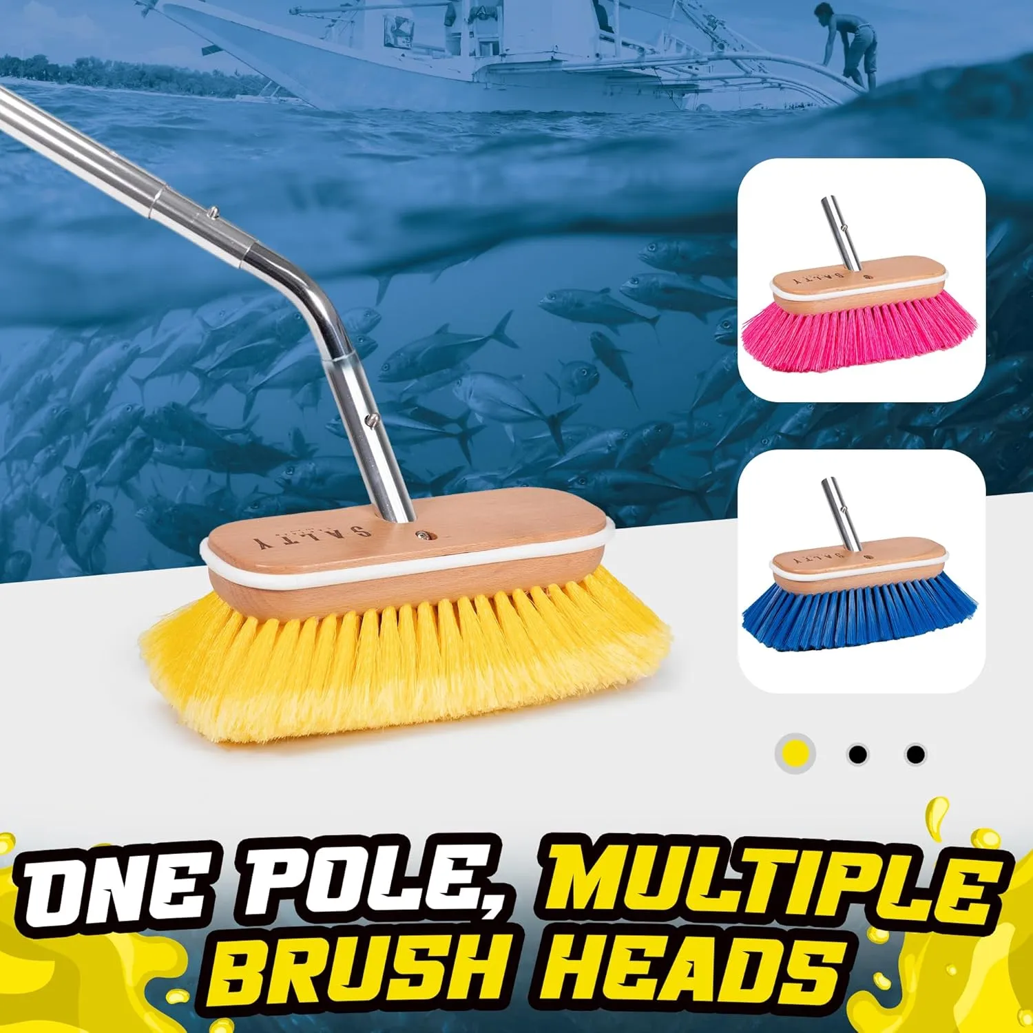 Salty Captain Bristle Boat Deck Brush 8"  Cleaning for All Surfaces, Stains & Salt Build-Up  Marine Deck & Hull Cleaning Brush  Durable Marine-Grade Design