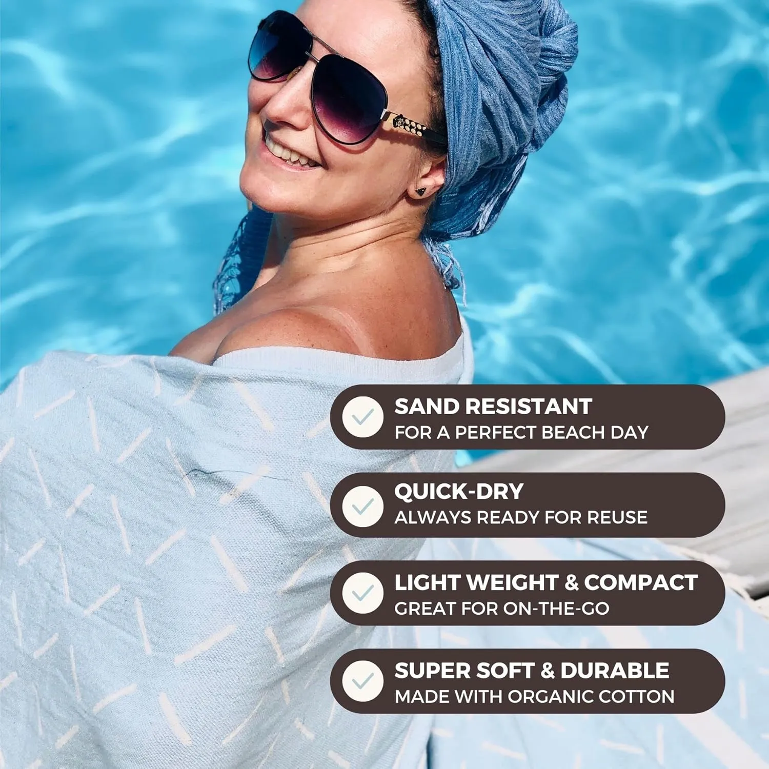 Sand Free Turkish Beach Towel (37 x 67) Quick Dry Bath Towel All ages, Oversized Beach Blanket, Lightweight for Travel - Made with 100% Organic Turkish Cotton - Mavi (Baby Blue)