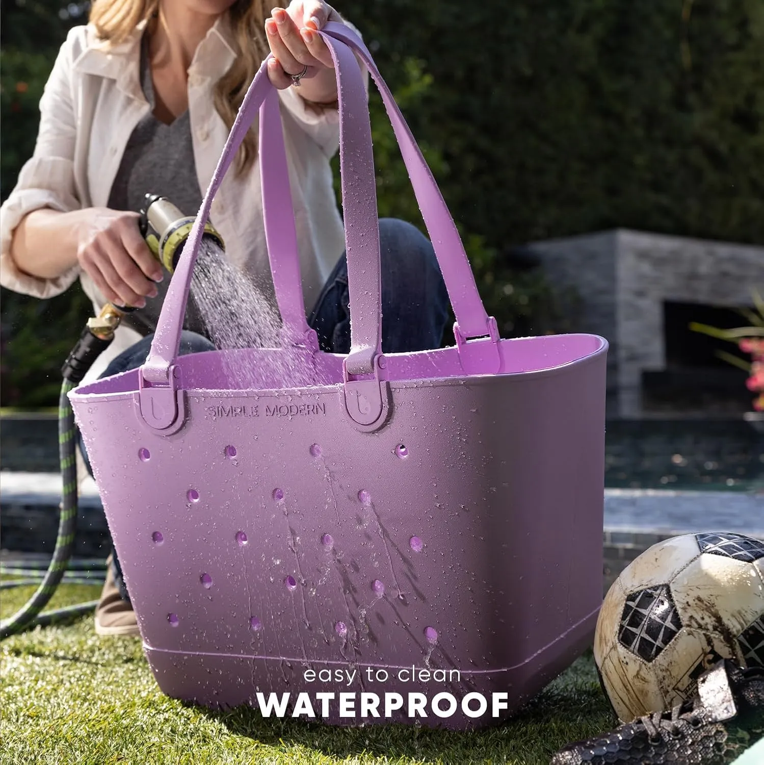 Simple Modern Medium Beach Bag | Waterproof Getaway Rubber Tote with Zipper Pocket for Travel, Pool, Boat, Groceries, Sports | Electric Lavender