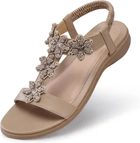 TEMOFON Flats Sandals for Women Dressy: Summer Elastic Ankle Strap Flat Sandals - Comfortable Beach Women
