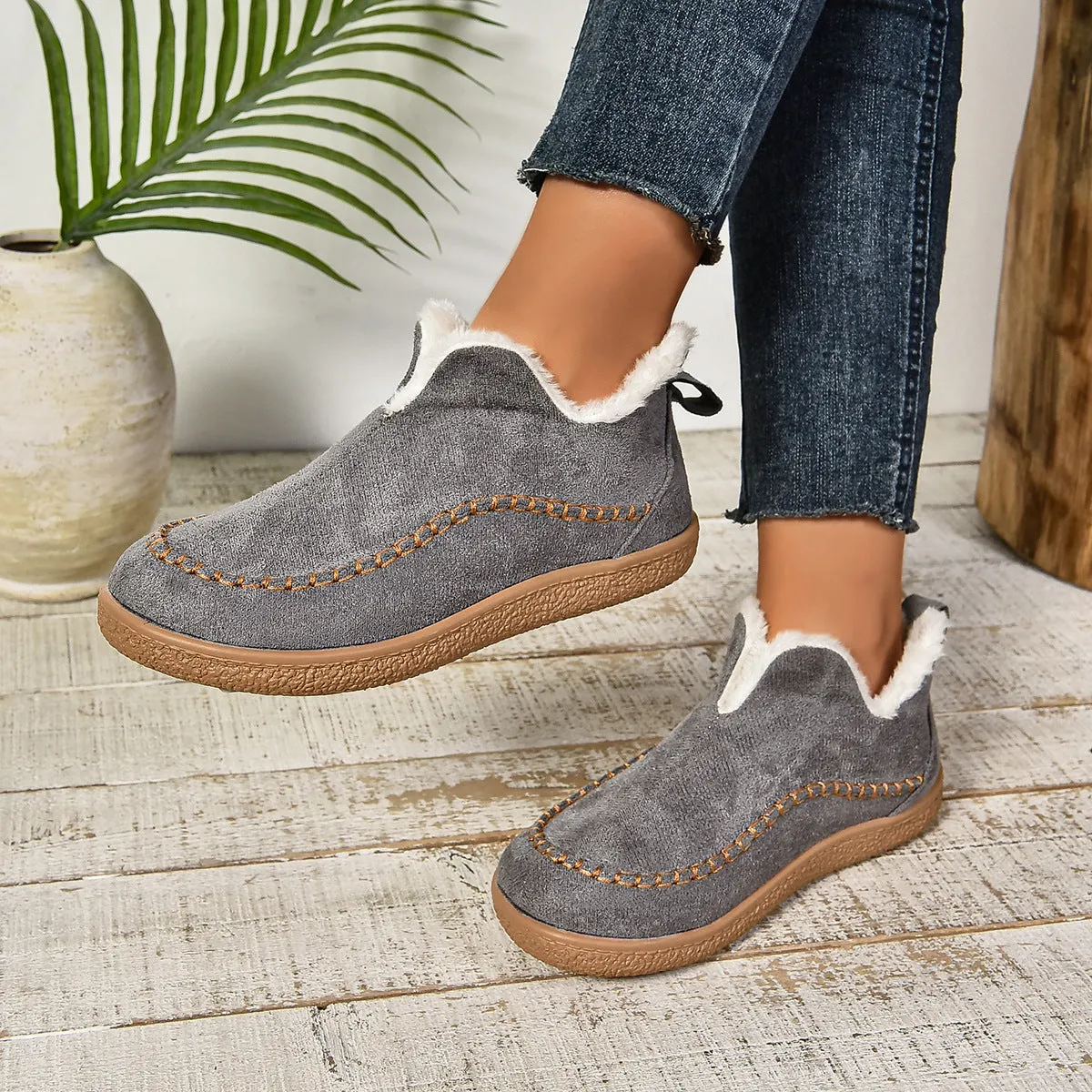Warm Fur Lined Slip-On Ankle Boots with Anti-slip Thick Sole